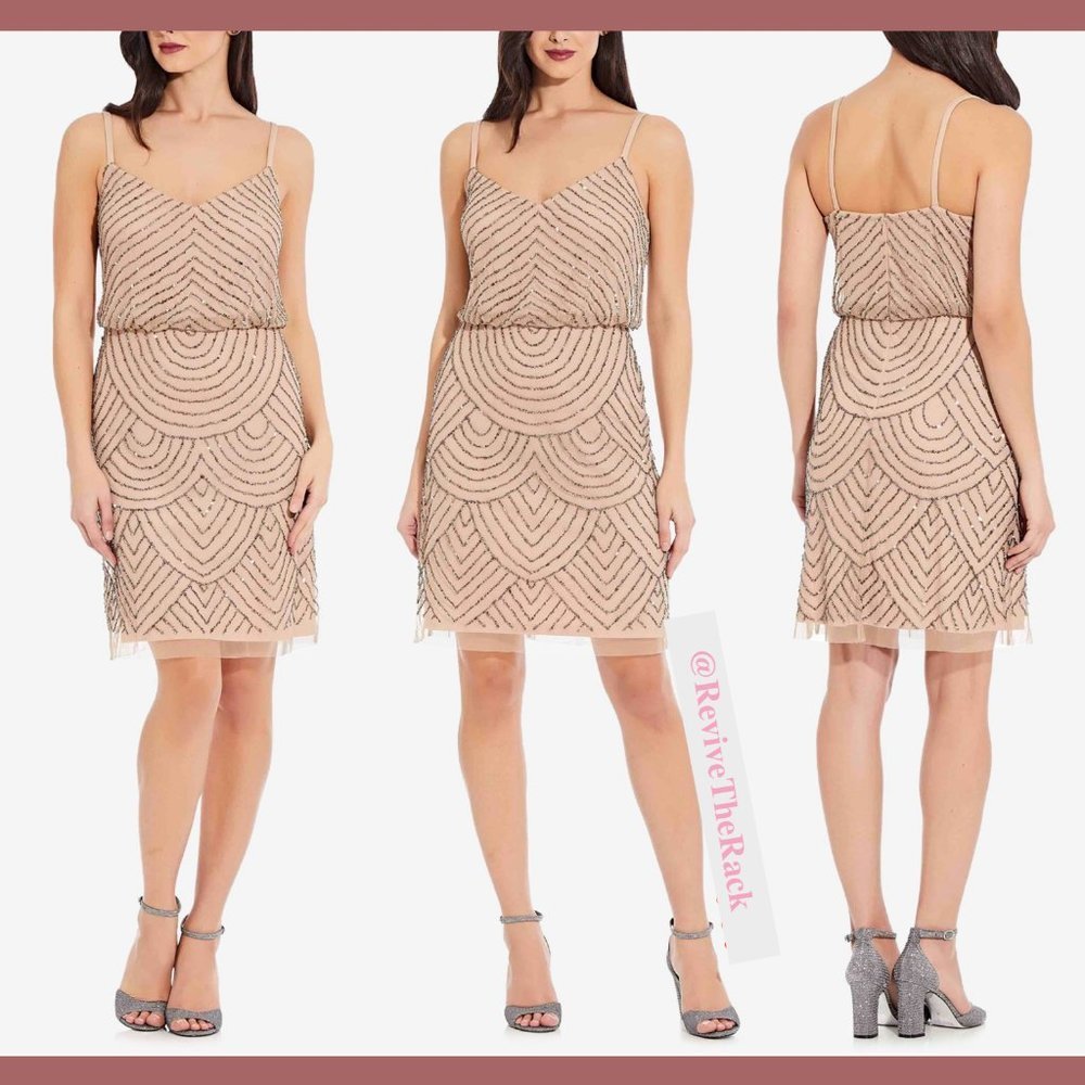 NEW Adrianna Papell Sequin Mesh Blouson Dress in Taupe Pink [SZ‎ 16 ]